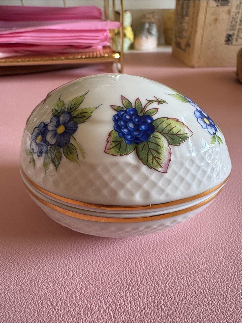 Vintage Hollóháza Hungary Porcelain Floral Egg Trinket Box
